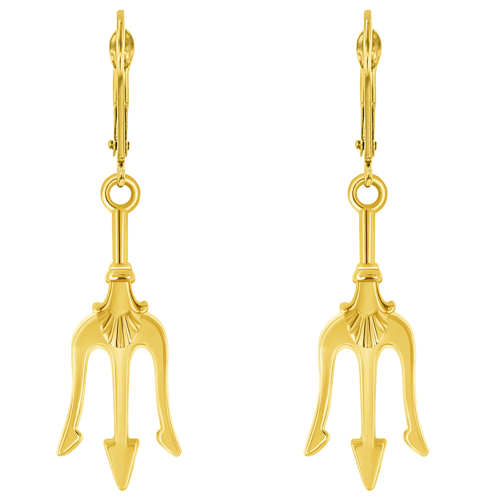 14k Gold Trident Sword Dangling Drop Earrings