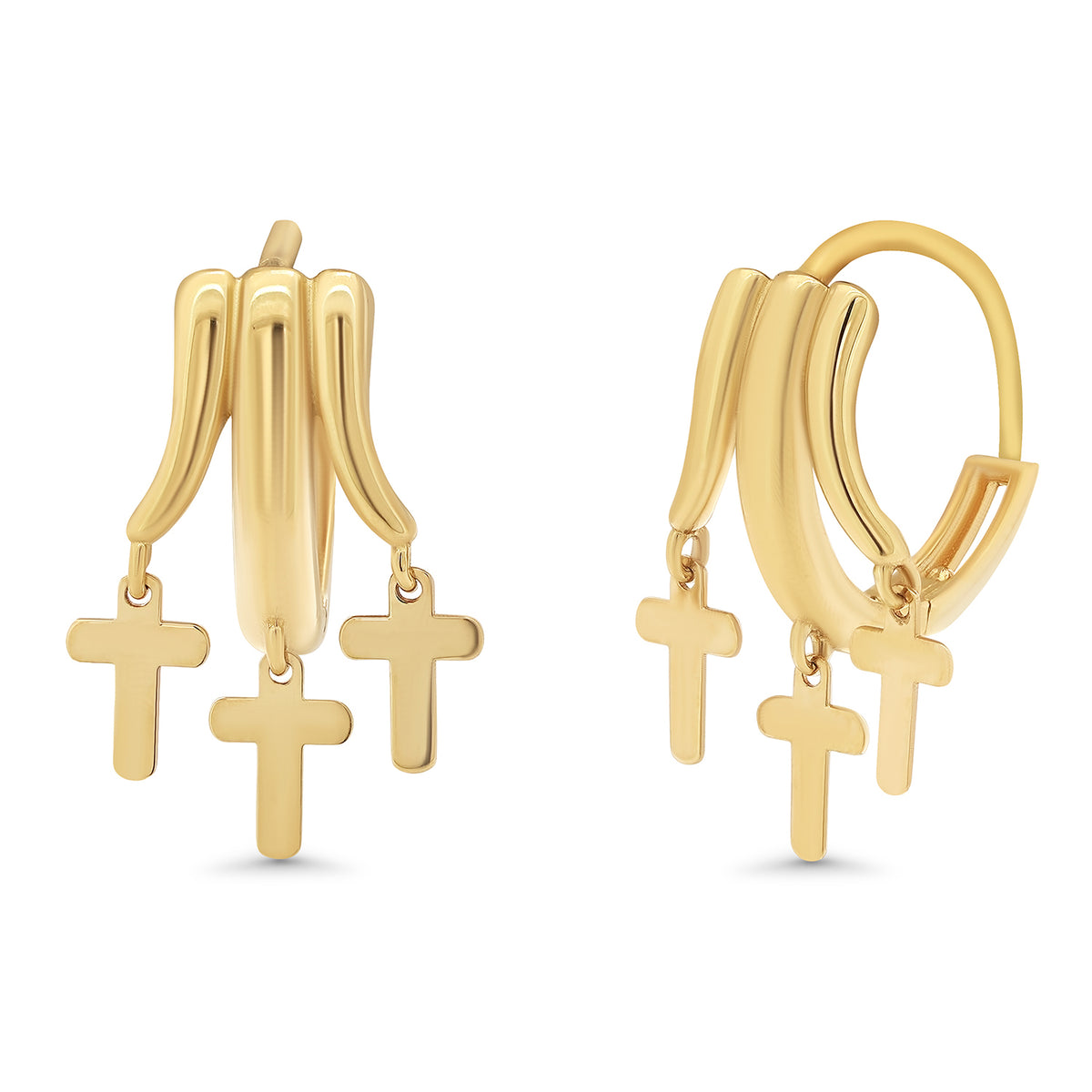 14K Gold Triple Cross Huggie Hoop Earrings