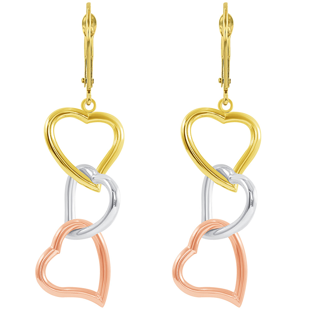 14k Gold Triple Hearts Dangling Earrings