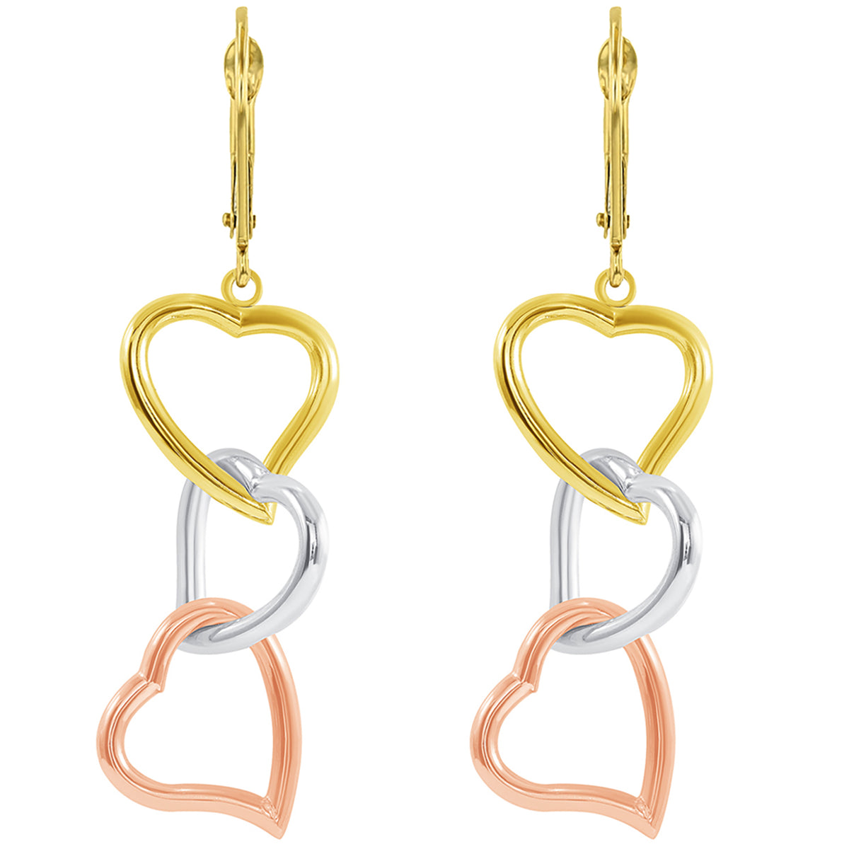 14k Gold Triple Hearts Dangling Earrings