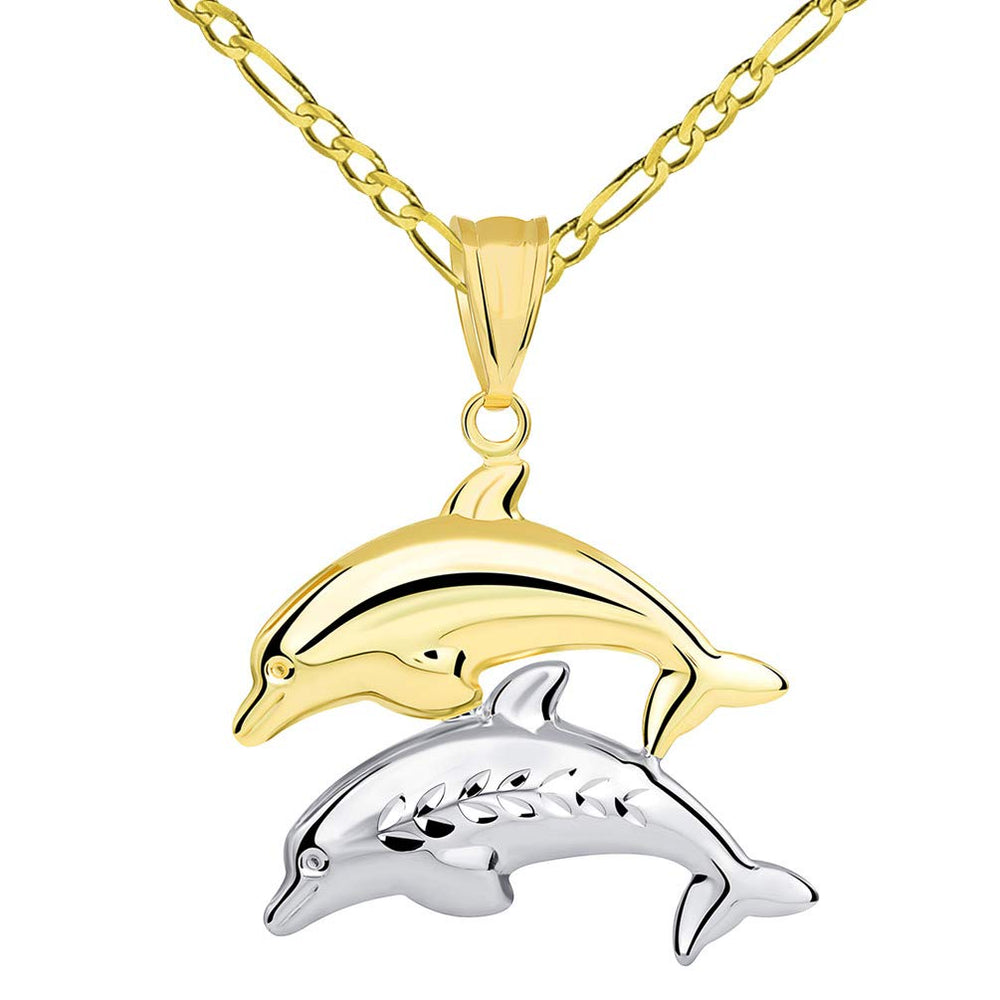 14k Gold Two Tone 3D Dolphins Pendant Necklace