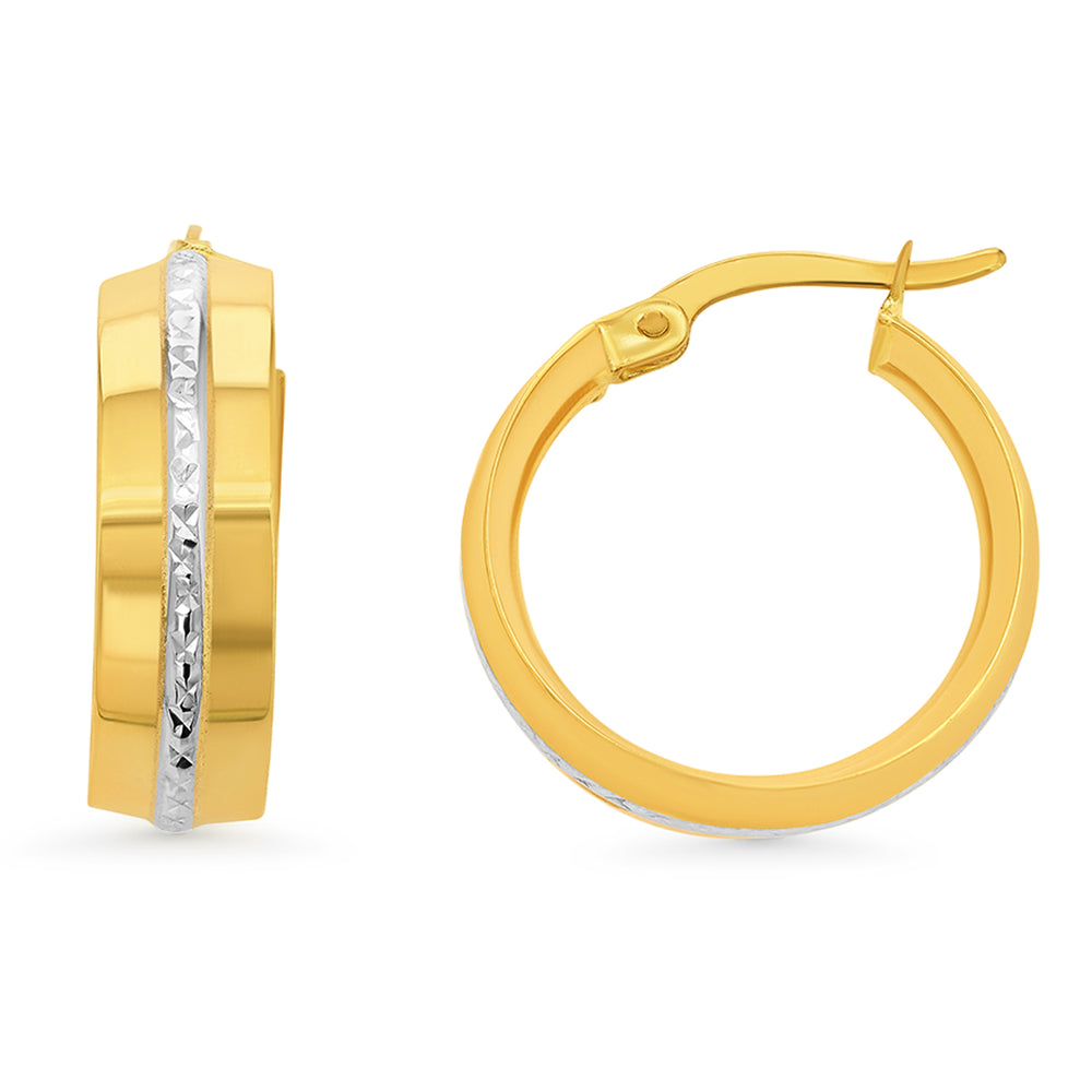 14k Gold Two Tone Diamond Cut Flat Hoop Earrings