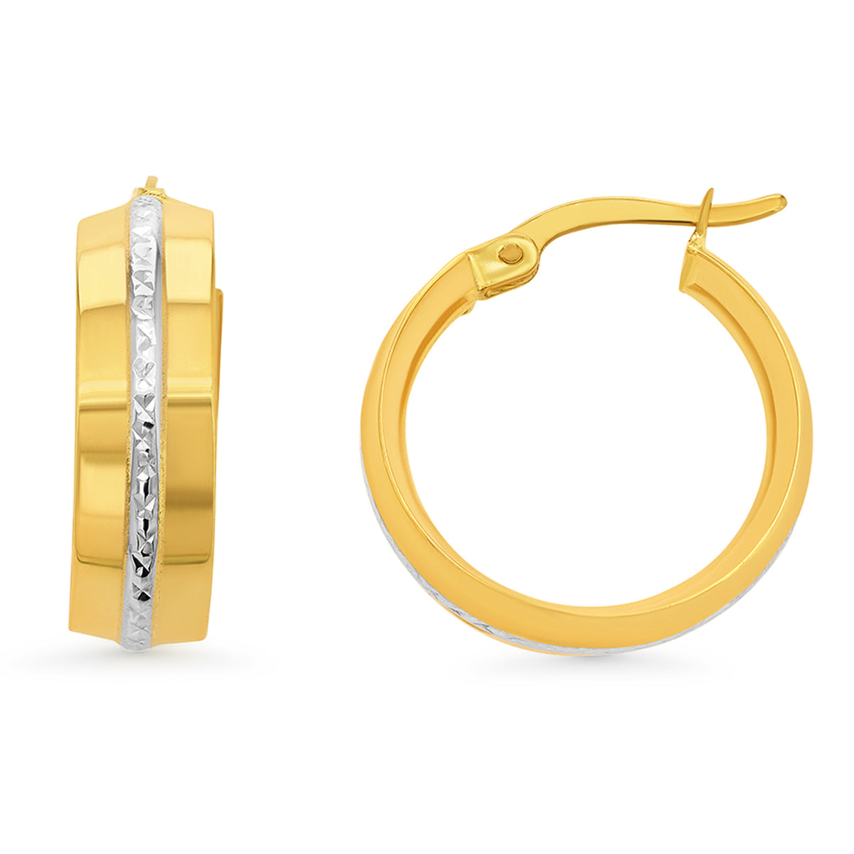14k Gold Two Tone Diamond Cut Flat Hoop Earrings