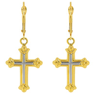 Load image into Gallery viewer, 14k Gold Two-Tone Fleur De Lis Cross Earrings

