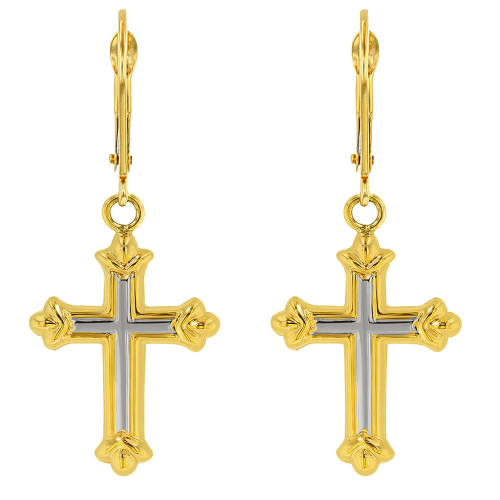 14k Gold Two-Tone Fleur De Lis Cross Earrings