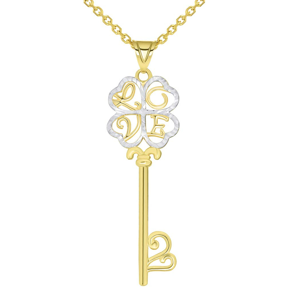 14k Gold Two Tone Four Leaf Key Pendant Necklace with Rolo Chain