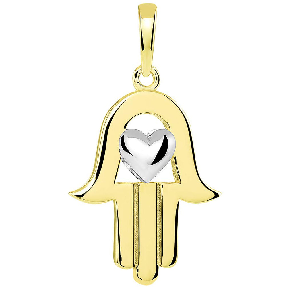 14k Gold Two-Tone Hamsa Hand with Heart Pendant