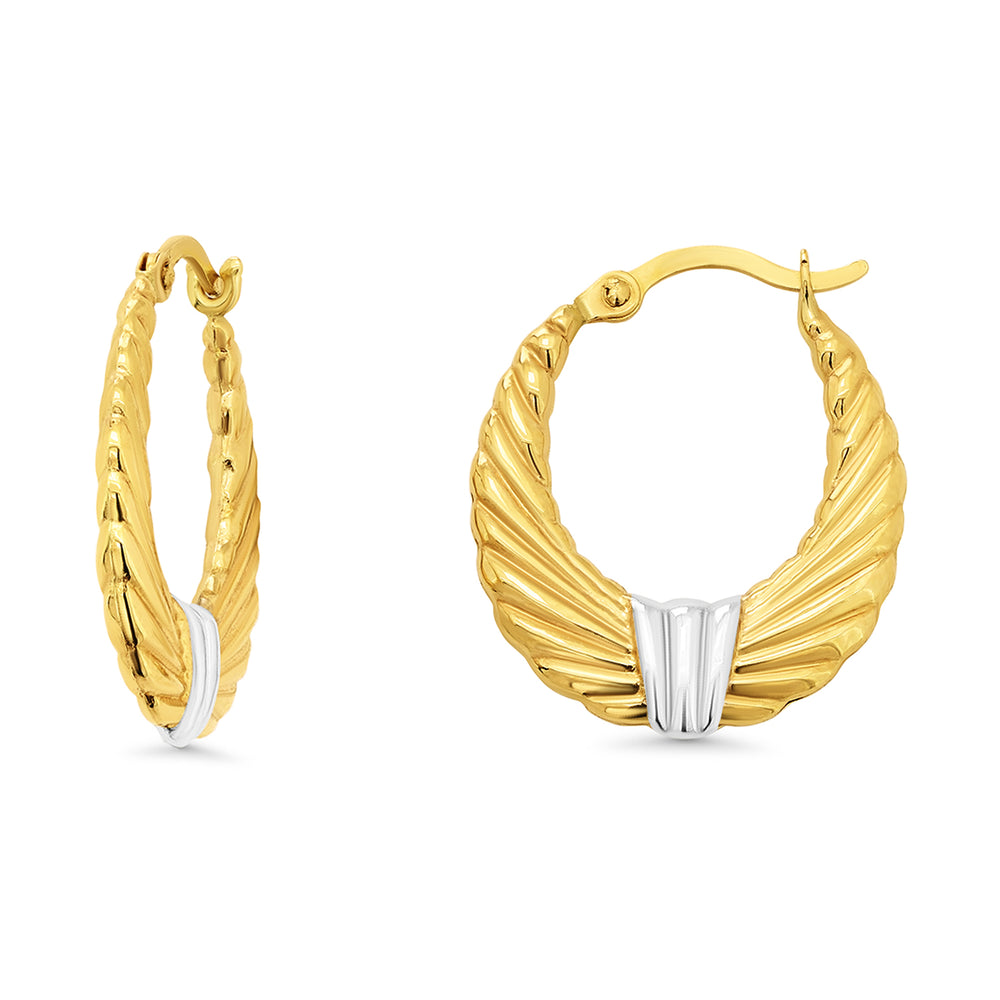 14k Gold Two-Tone Ribbed Oval Hoop Earrings