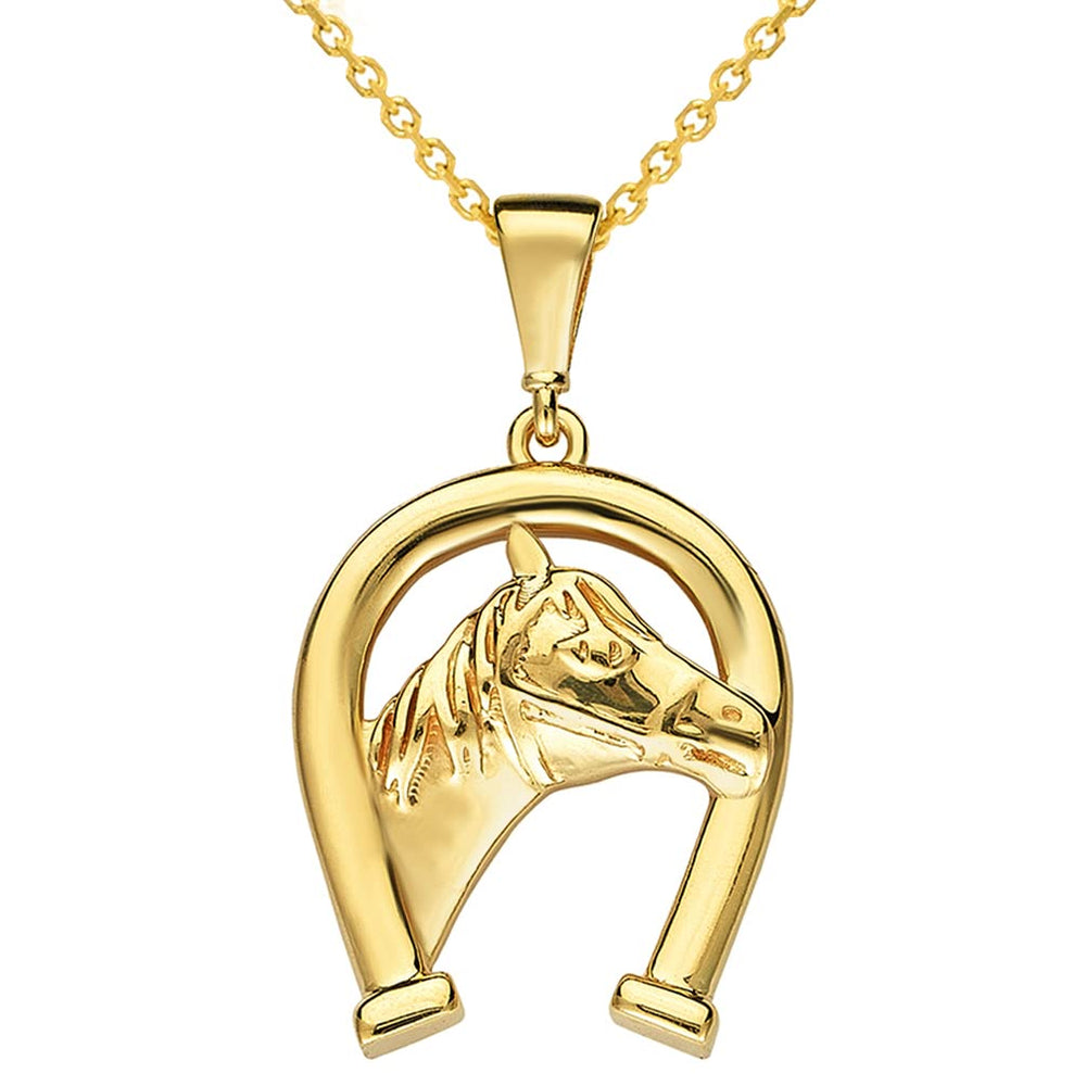 14k Gold Upside Down Horseshoe with Horse Pendant Necklace