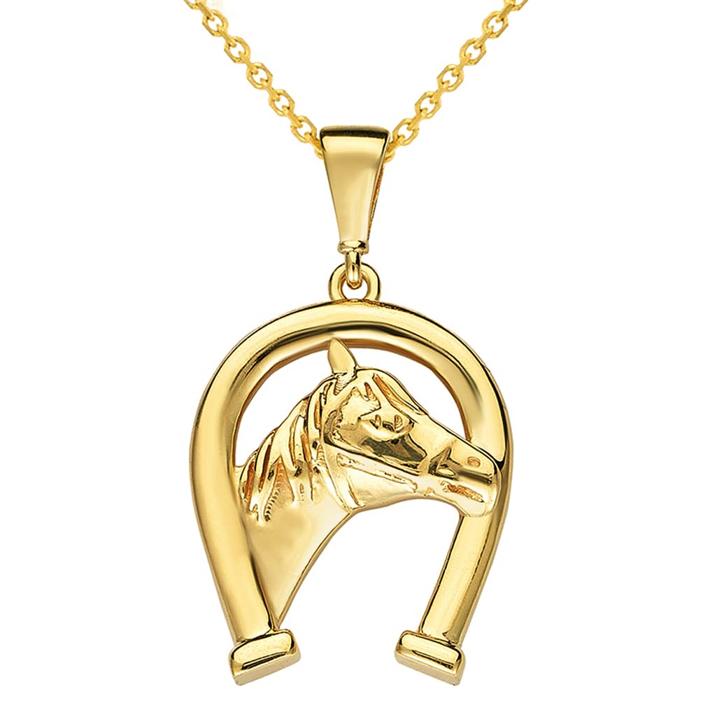14k Gold Upside Down Horseshoe with Horse Pendant Necklace