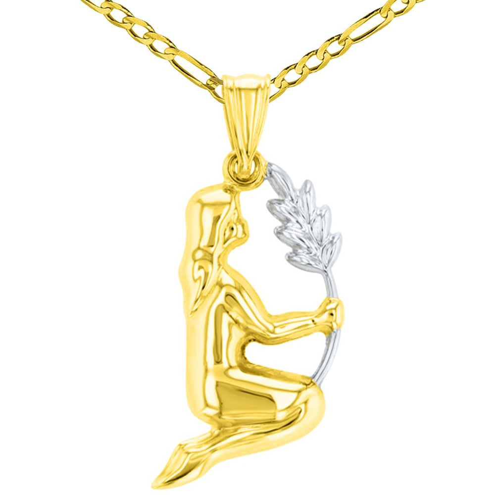 14K Gold Virgo Maiden Holding Wheat Pendant 