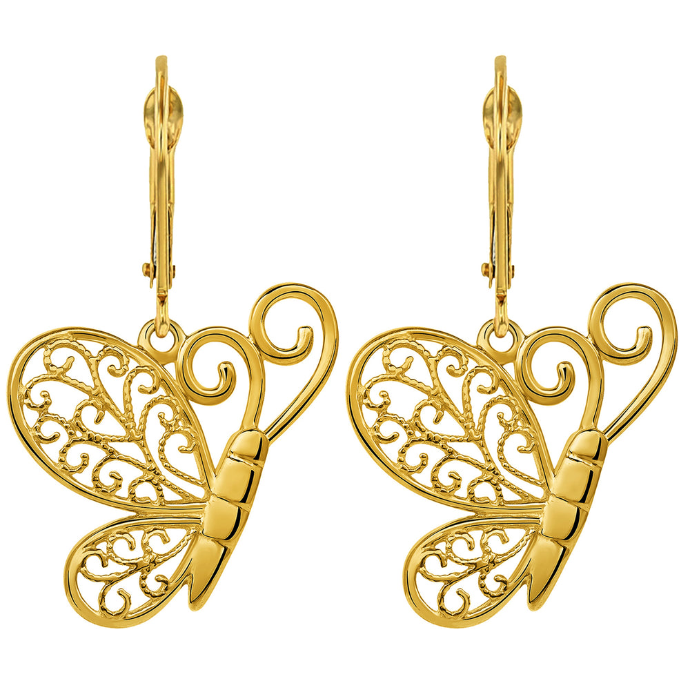 14k Solid Gold Butterfly Dangling Drop Earrings