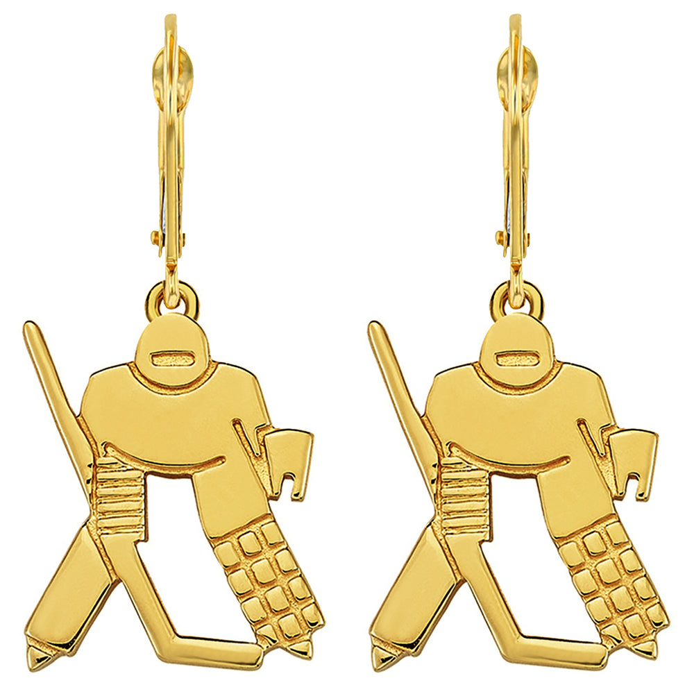 14k Solid Gold Hockey Goalie Dangle Drop Earrings
