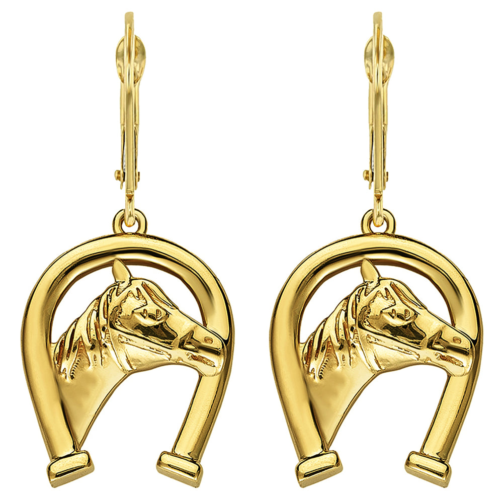 14k Solid Gold Horseshoe Dangling Drop Earrings