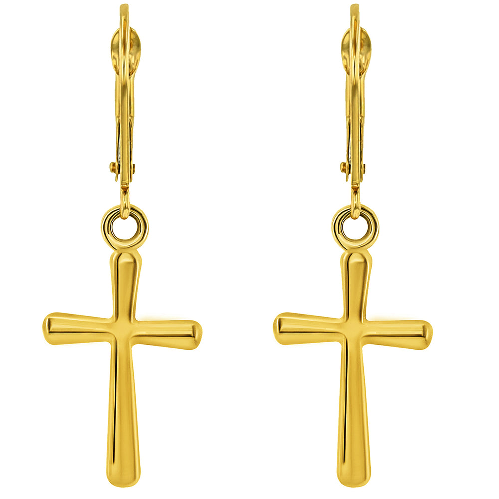 14k Solid Gold Mini Cross Dangling Drop Earrings