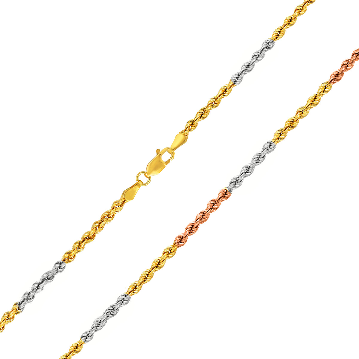 14k Tri-Color Gold 2.5mm Rope Chain Necklace