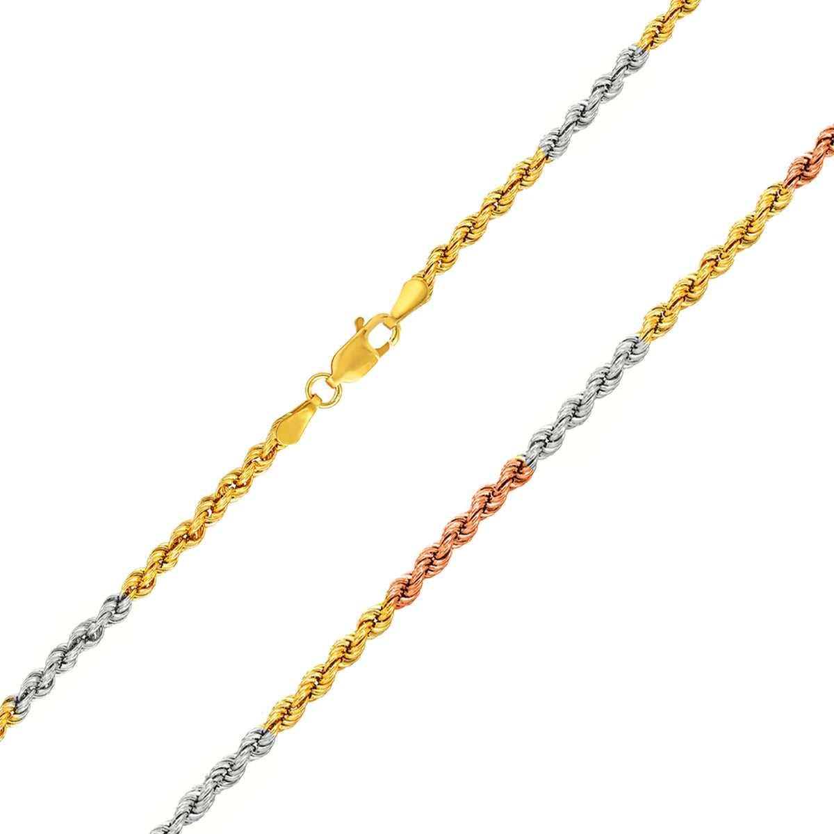 14k Tri-Color Gold 4mm Rope Chain Necklace