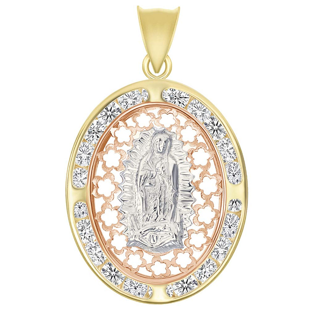 14k Tri-Color Gold CZ Floral Medallion Pendant
