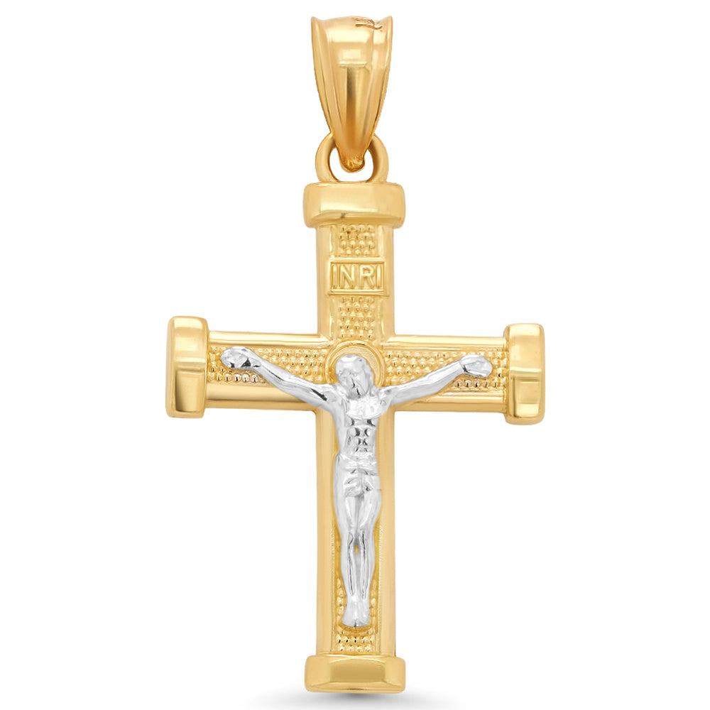 14k Two-Tone Gold INRI Cross Crucifix Pendant