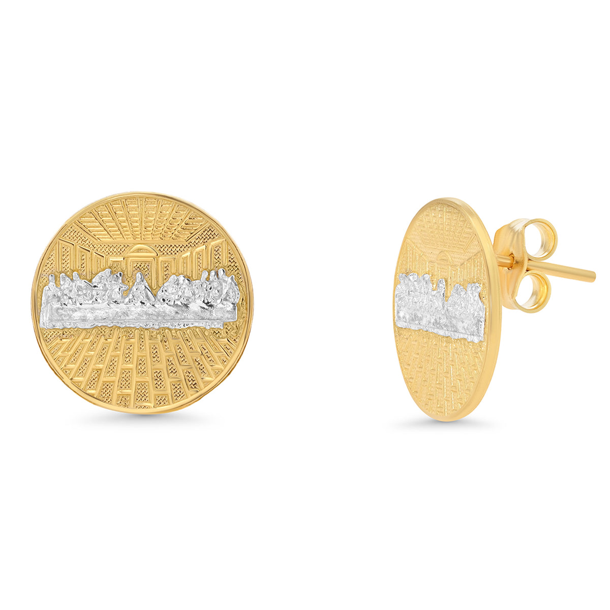 Solid 14k Gold Round Last Supper Stud Earrings with Push Back - Two Tone
