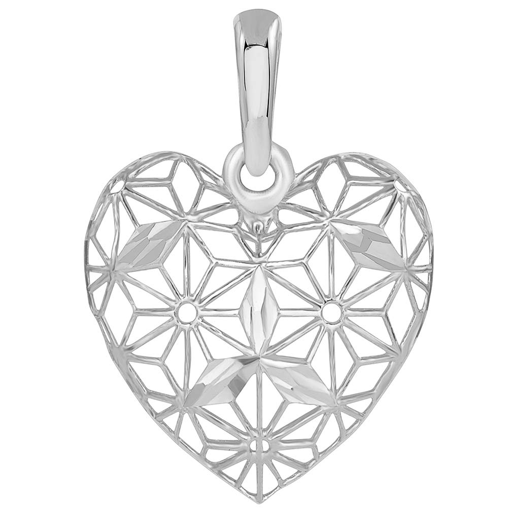 14k White Gold 3D Filigree Heart Charm Pendant