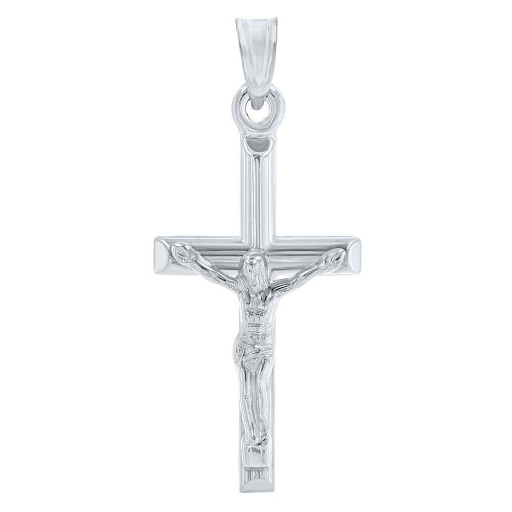 14K White Gold Cross Tubular Crucifix Pendant