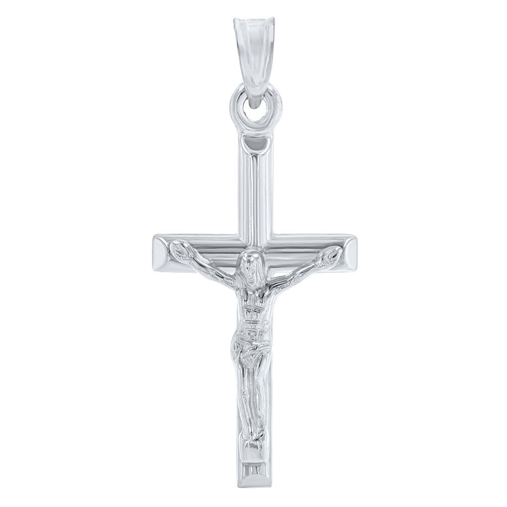 14K White Gold Cross Tubular Crucifix Pendant