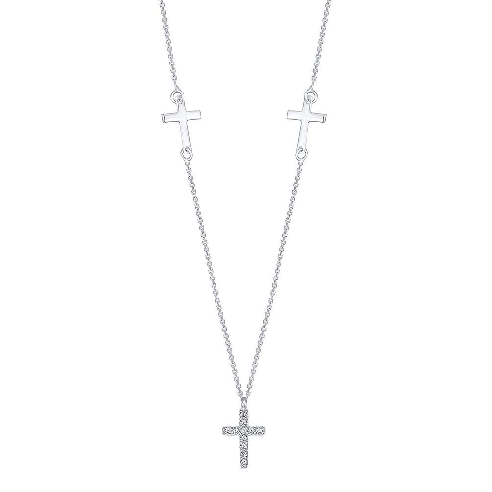 14k White Gold Cubic Zirconia 3 Cross Necklace
