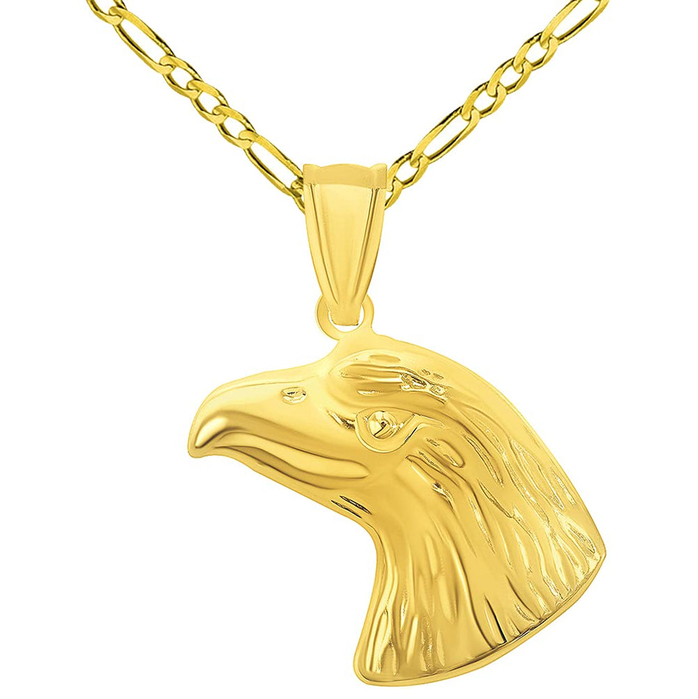 14k Yellow Gold 3D Eagle Head Pendant Necklace