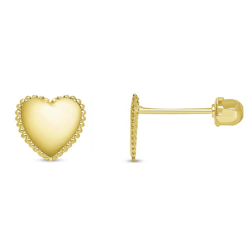 14k Yellow Gold Beaded Heart Stud Love Earrings