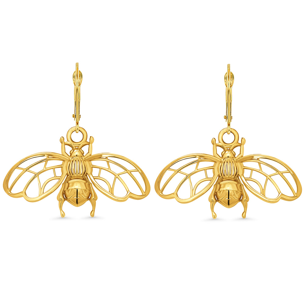 14k Yellow Gold Bumble Bee Dangle Drop Earrings
