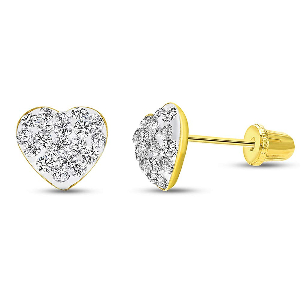 14k Yellow Gold Clear CZ Heart Stud Earrings
