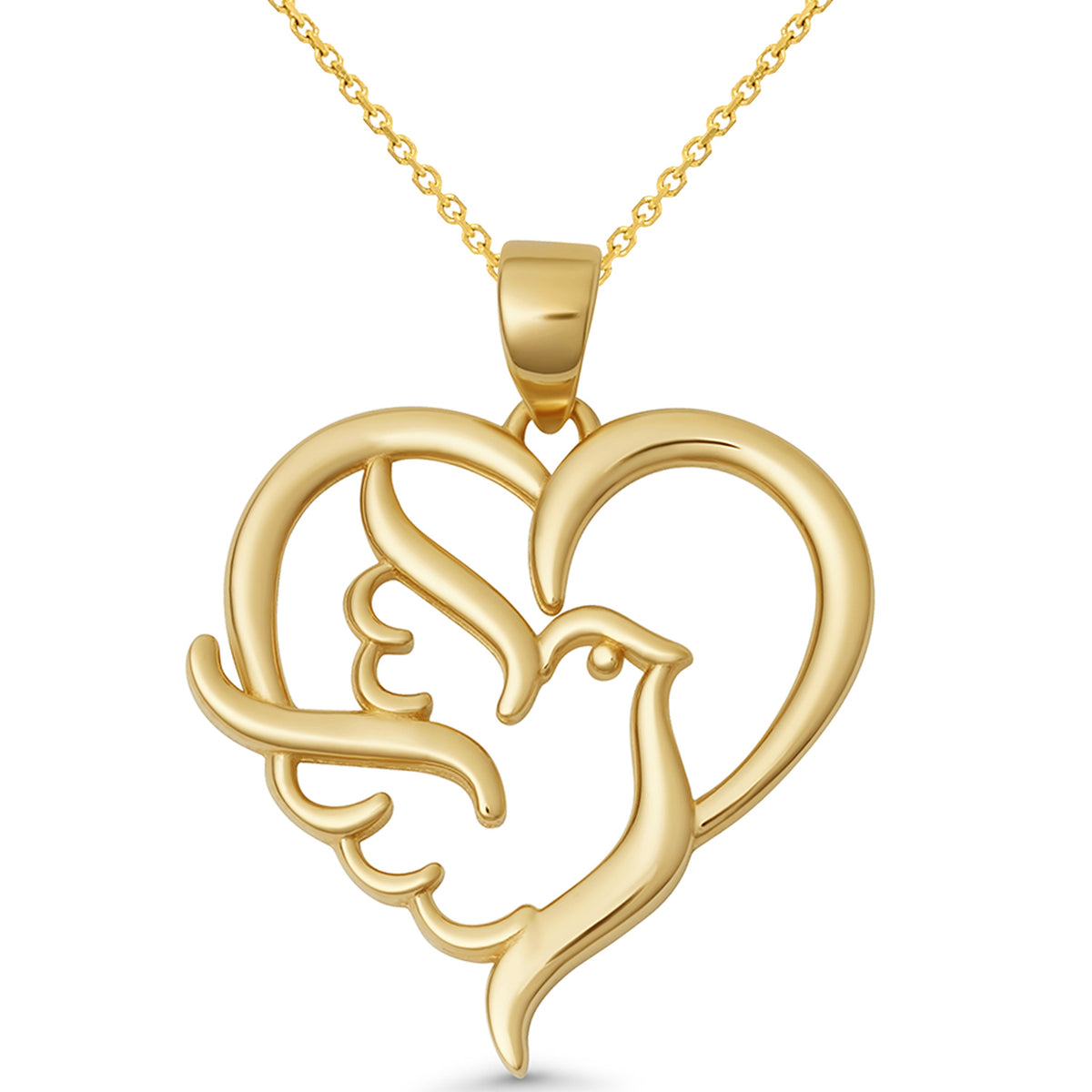 14K Yellow Gold Dove in Heart Pendant Symbol of Peace and Love Necklace