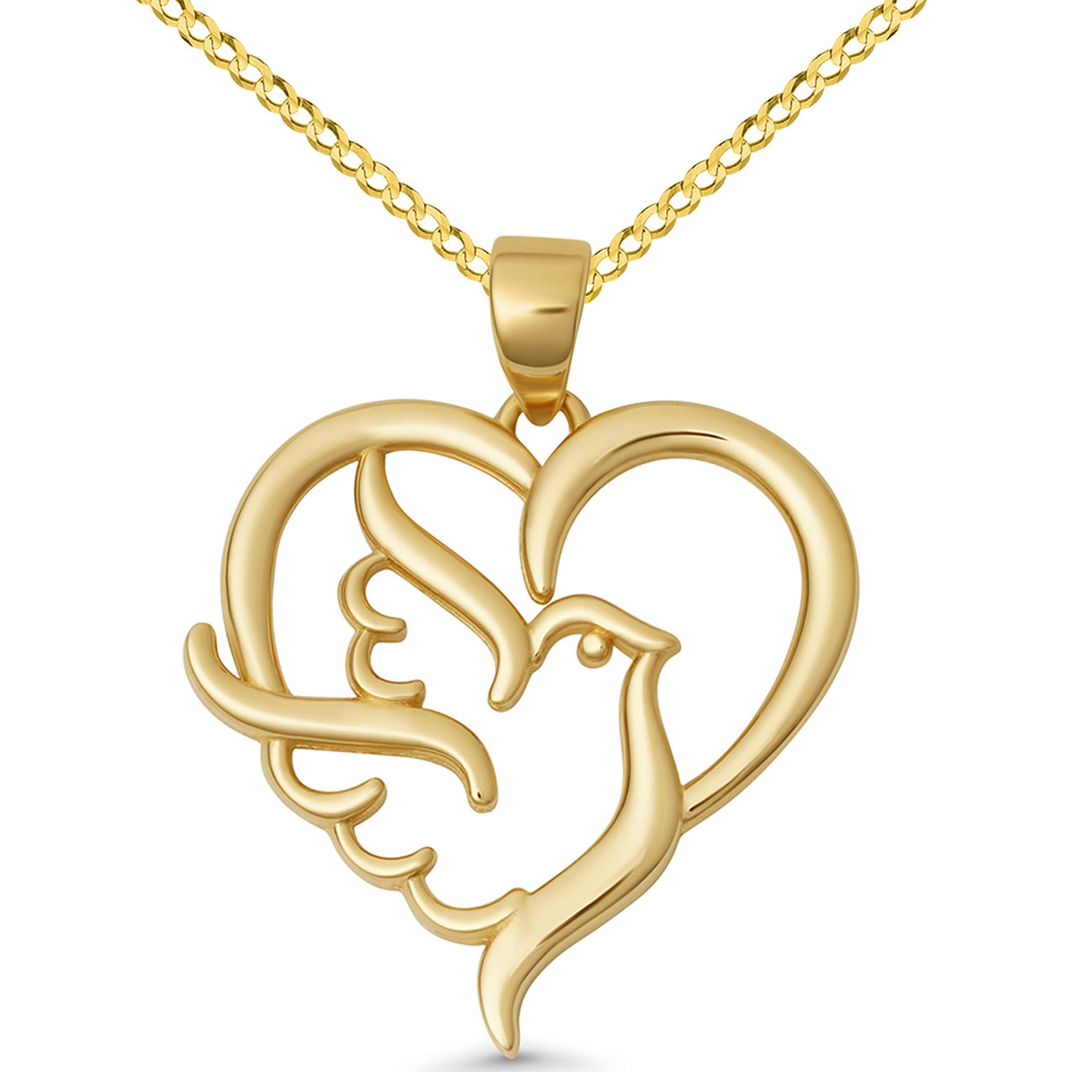 14K Yellow Gold Dove in Heart Pendant Symbol of Peace and Love Necklace