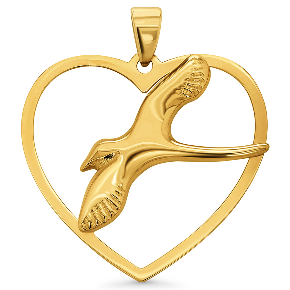 14k Yellow Gold Flying Dove In Heart Pendant