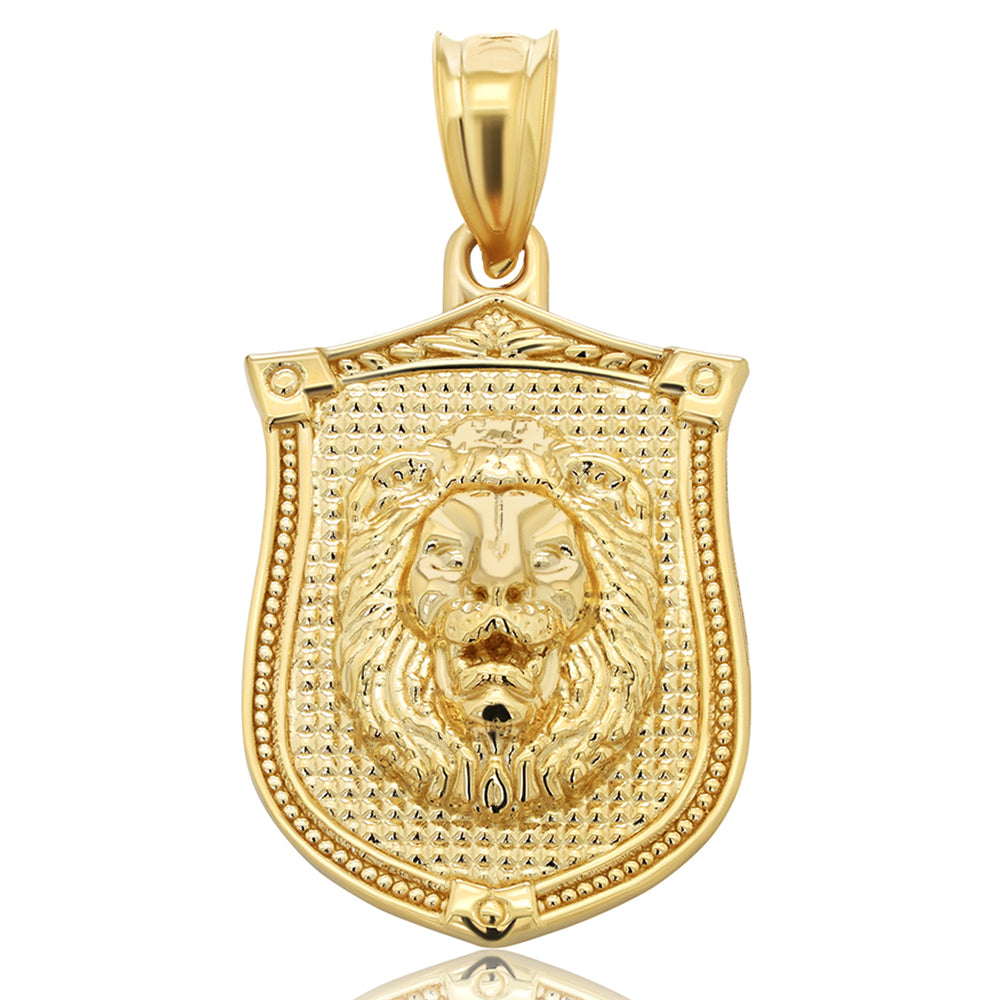 14k Yellow Gold Lion Head On Shield Pendant