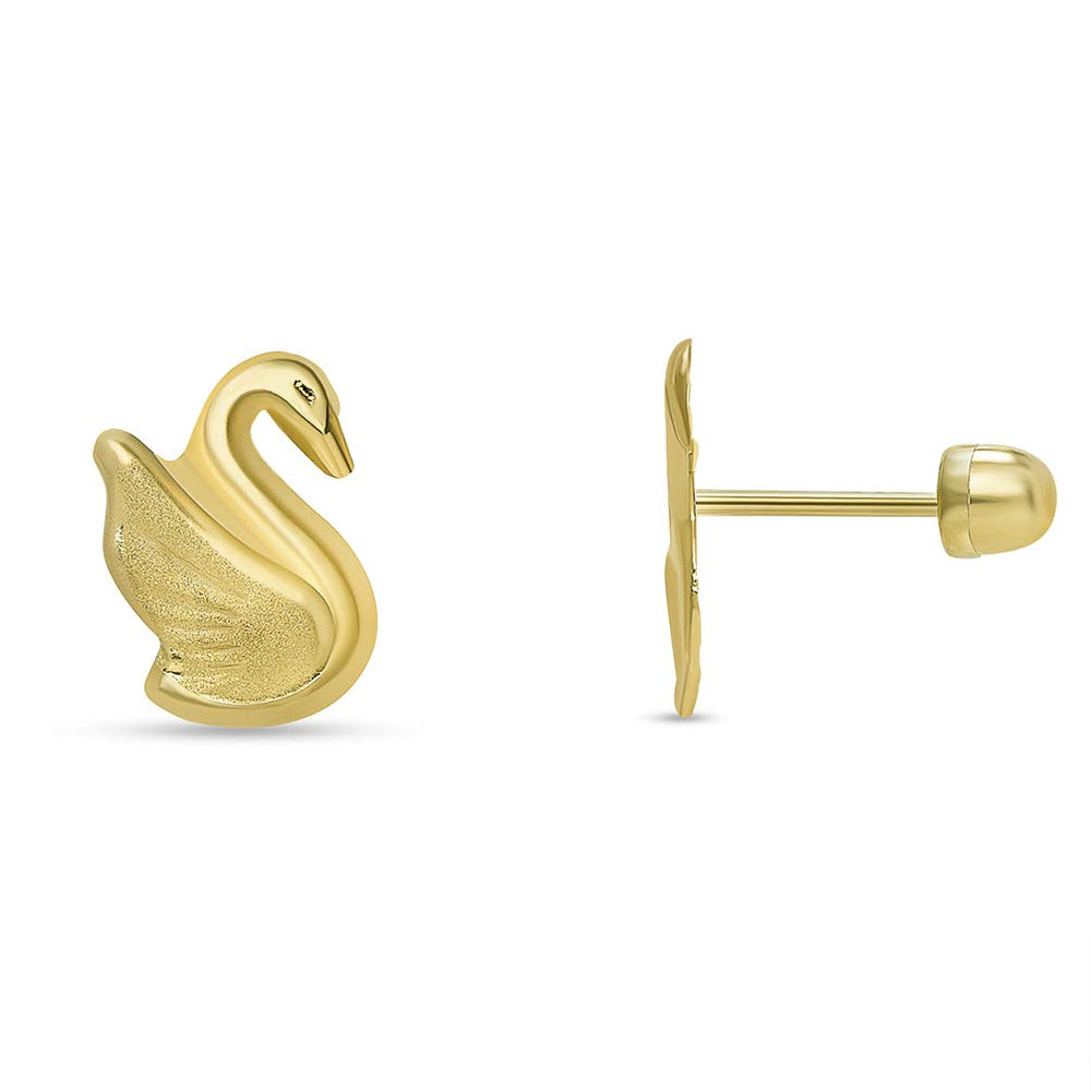 14k Yellow Gold Well Detailed Swan Stud Earrings