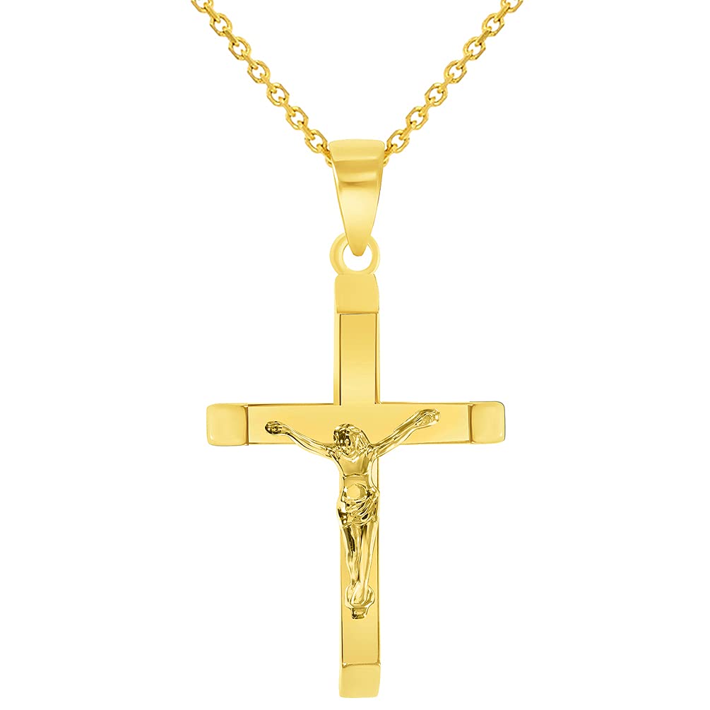 14k Yellow Gold 3D Catholic Christian Crucifix Slanted-Edge Cross Pendant Necklace
