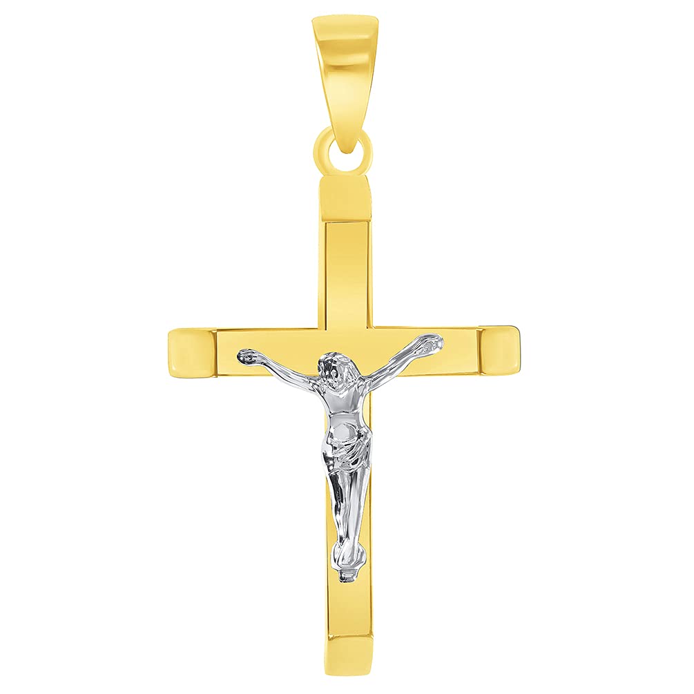 14k Two-Tone Gold 3D Catholic Christian Crucifix Slanted-Edge Cross Pendant (38.5 x 21mm)