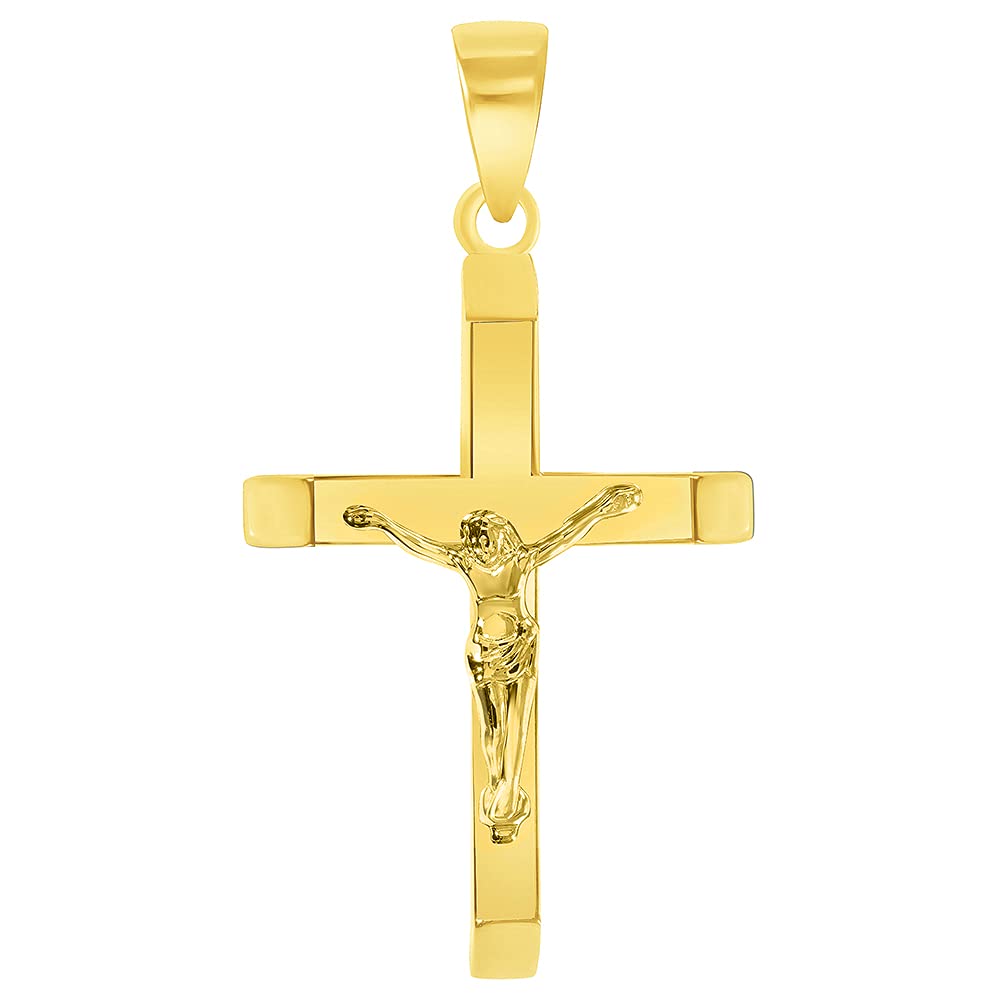14k Yellow Gold 3D Catholic Christian Crucifix Slanted-Edge Cross Pendant (38.5 x 21mm)
