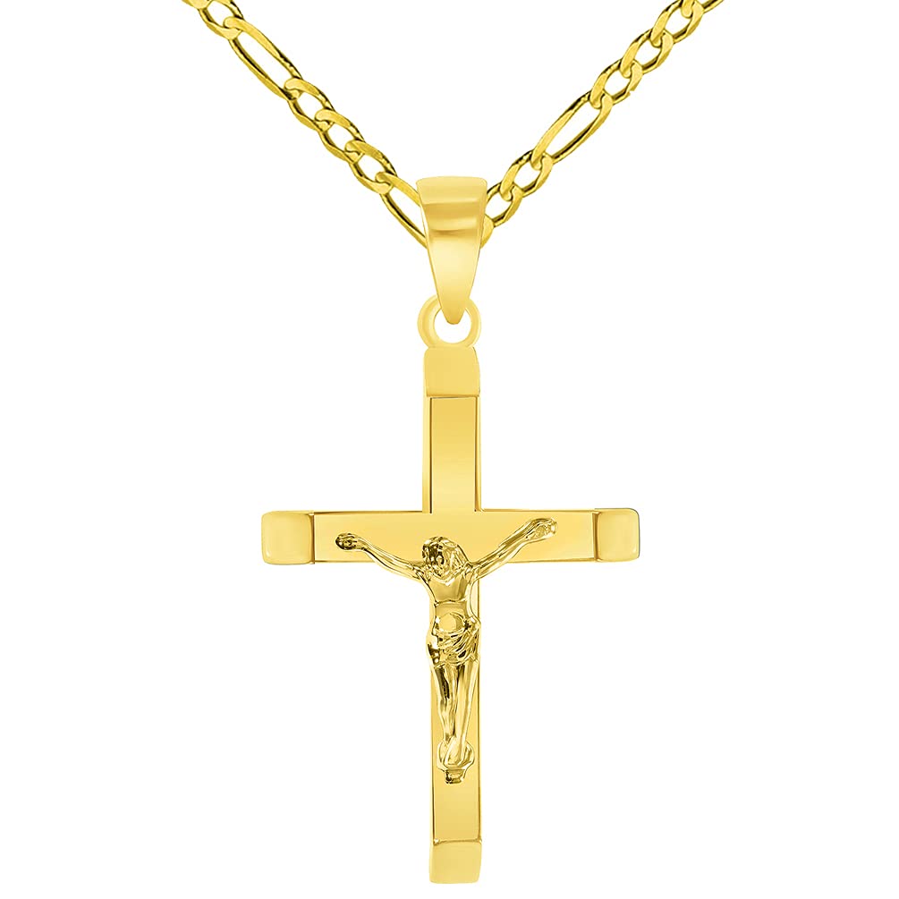 14k Yellow Gold 3D Catholic Christian Crucifix Slanted-Edge Cross Pendant with Figaro Chain Necklace