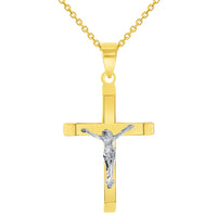 Load image into Gallery viewer, 14k Two-Tone Gold 3D Catholic Christian Crucifix Slanted-Edge Cross Pendant Necklace
