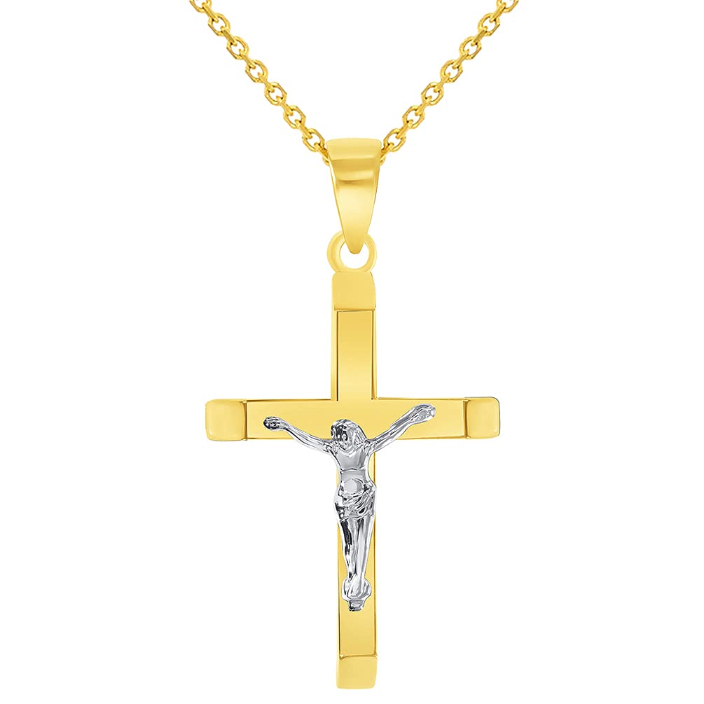 14k Two-Tone Gold 3D Catholic Christian Crucifix Slanted-Edge Cross Pendant Necklace