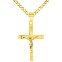 Load image into Gallery viewer, 14k Yellow Gold 3D Catholic Christian Crucifix Slanted-Edge Cross Pendant with Cuban Chain Curb Necklace
