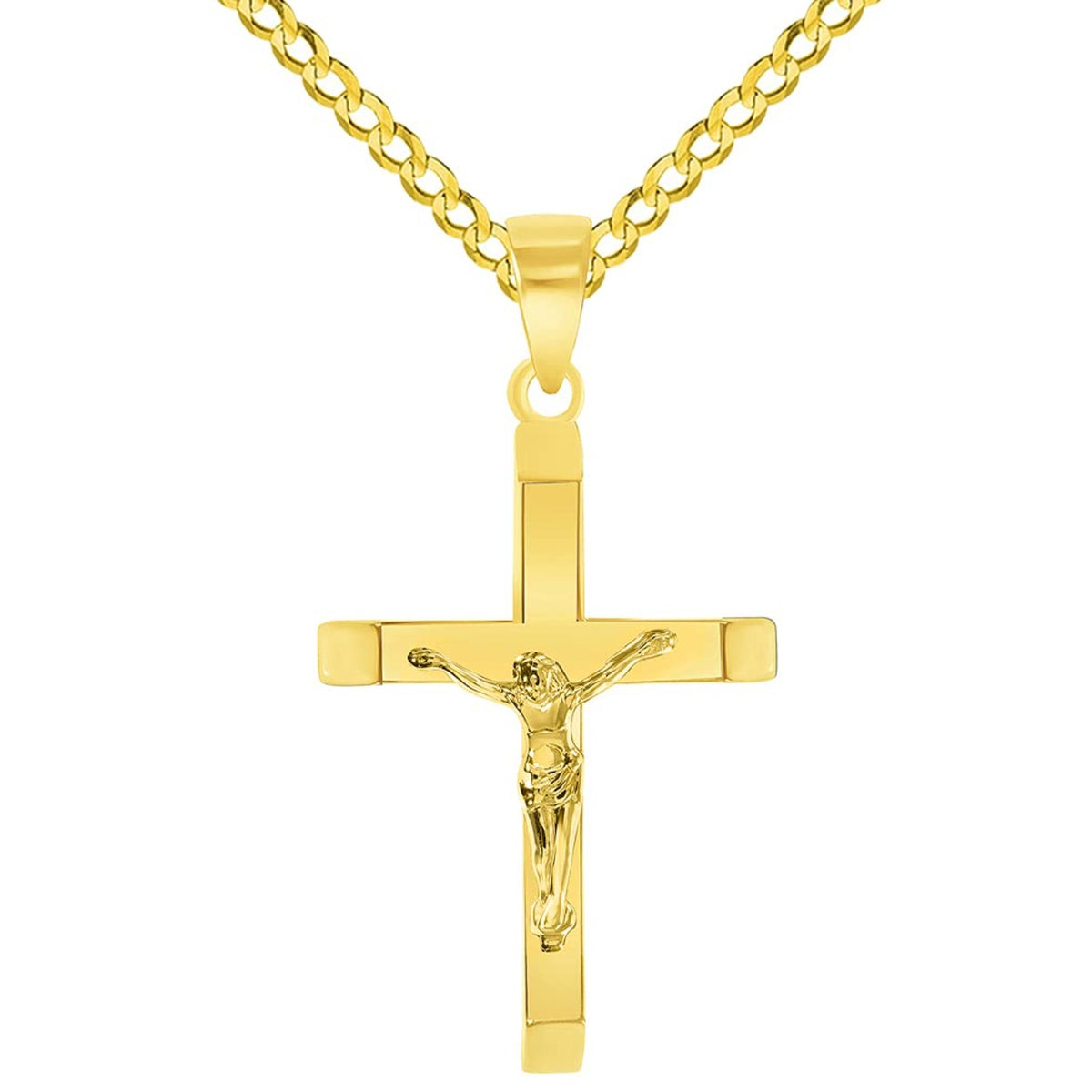 14k Yellow Gold 3D Catholic Christian Crucifix Slanted-Edge Cross Pendant with Cuban Chain Curb Necklace