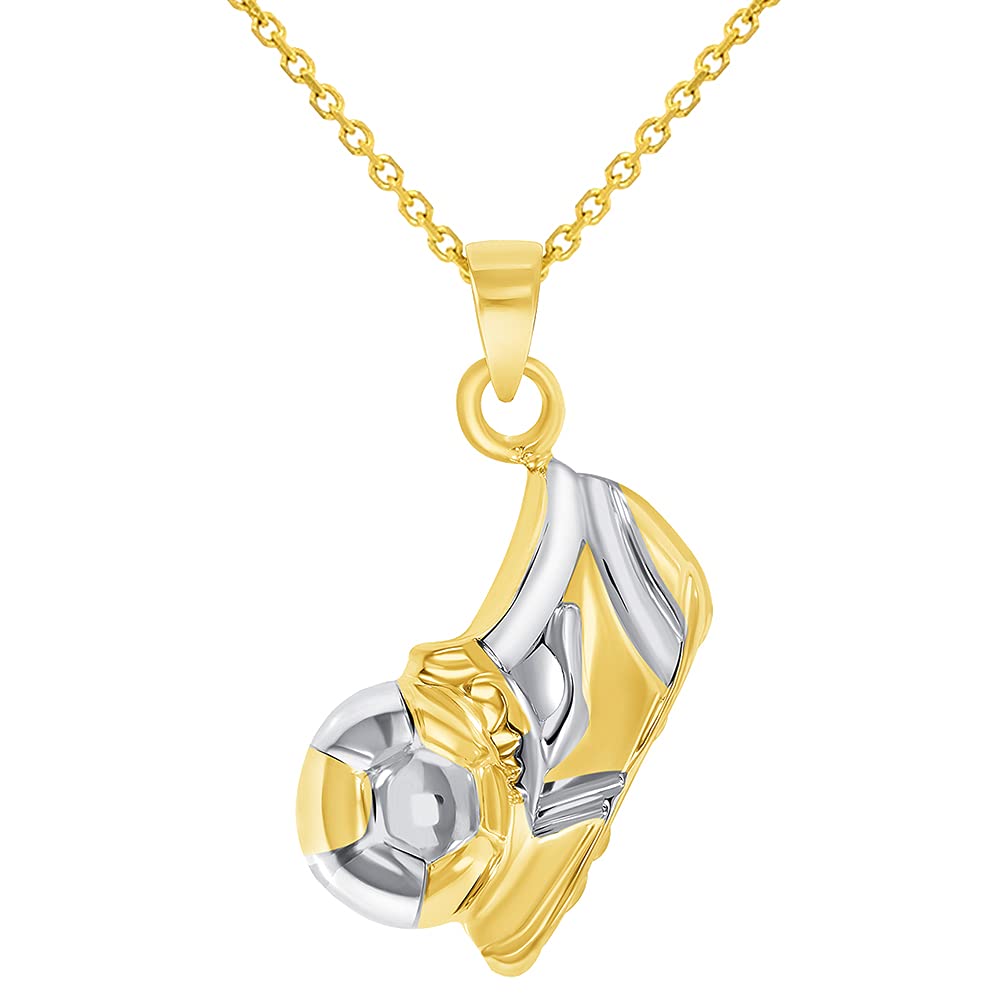 High Polish 14k Yellow Gold 3D Soccer Shoe Kicking Ball Charm Two-Tone Football Sports Pendant with Cable, Curb or Figaro Chain Necklace