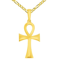 Load image into Gallery viewer, Jewelry America Polished 14k Yellow Gold 1.3 Inch Classic Egyptian Ankh Cross Pendant with Figaro Chain Necklaces
