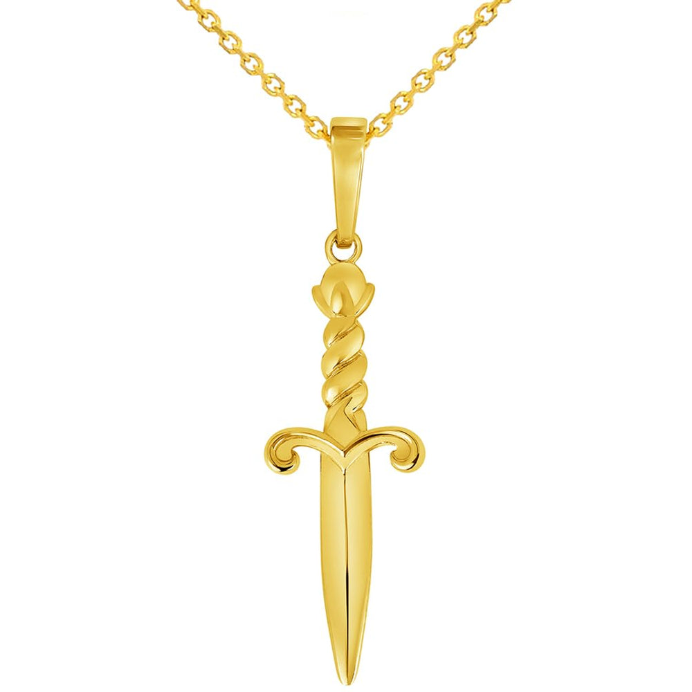 Solid 14k Yellow Gold 3D Dagger Knife Pendant with Rolo Cable Chain Necklace (1.25 Inch Height)