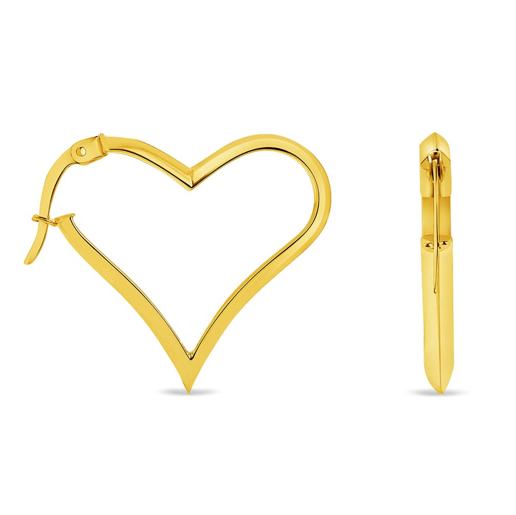 14k Yellow Gold Sideways Heart Shape Hoop Earrings with Hinged Hoop, 1"