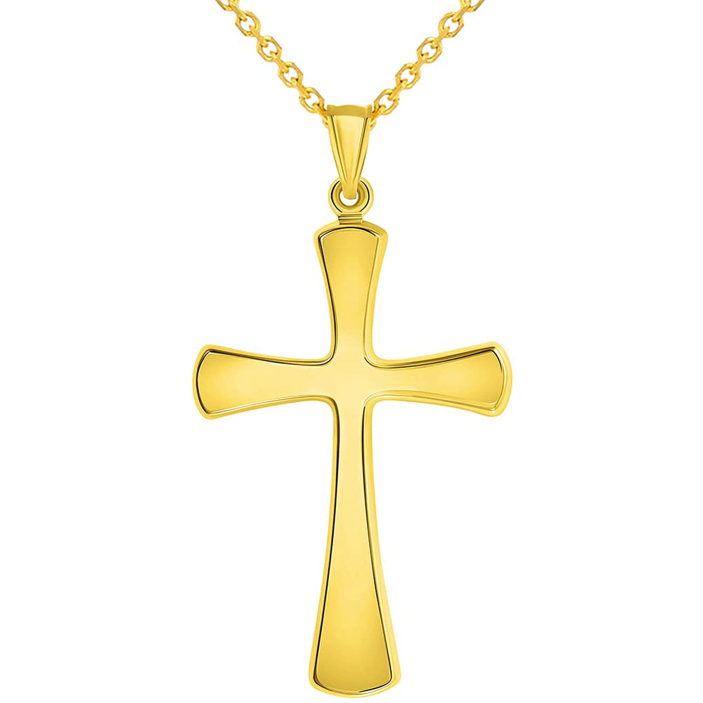 14k Yellow Gold High Polished Large Simple Religious Cross Pendant With Cable Chain Necklace